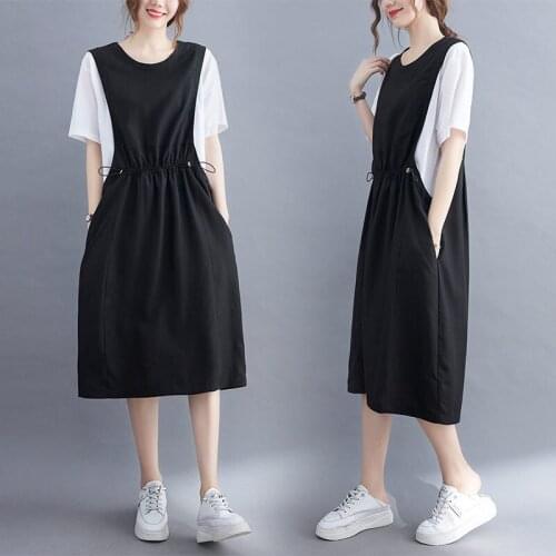 Plus Size Womens Casual Fake Two Piece Drawstring Dress Summer Loose Mid-Length Short Sleeve Fashion Patchwork Dress zh1561