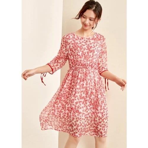 Pink Print Red Floral Silk Crepe Dresses Women Fashion 2021 Summer Long Casual Sexy Office Work Daily Dress Plus Size Slim Fit