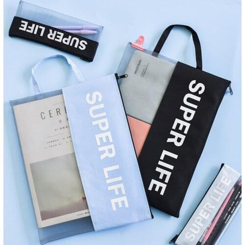 1pcs Cute Stationery Paper Bag Korea Clean Bag Stationery Transparent Grid Zipper Bag Student Kit