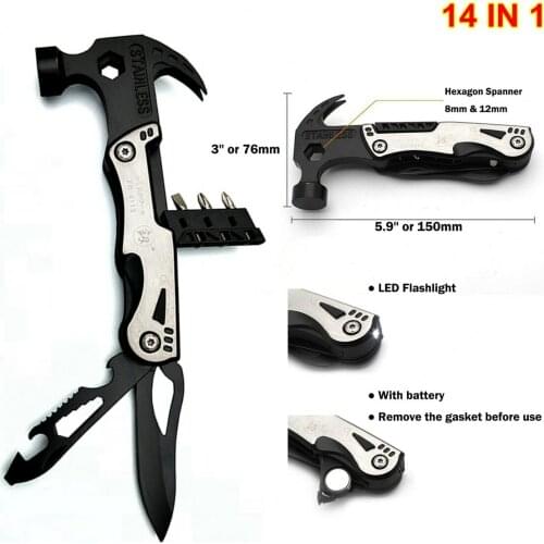 14 In 1 Multifunction Camping Hammer Knife Tool Scraper Bottle Opener LED Light