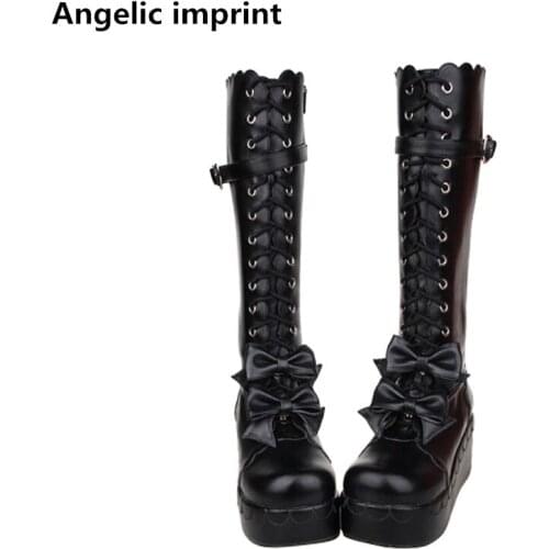 Angelic imprint mori girl Women punk motorcycle boots lady lolita Boots woman princess high heels pumps wedges shoes bowtie 47