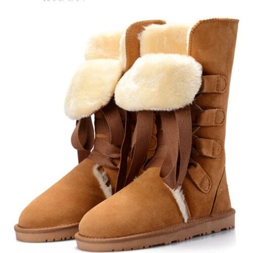 New Arrival 2020 High Snow Boots Genuine Cowhide 100% Wool Lace Women Winter Snow Boots New Brand Boots Free Shipping