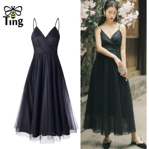 Tingfly Vintage Elegant Strap Soft Girl Black White Swan Midi Long Dress Summer V Neck Mesh Fairycone Party Dresses Vestidos Eam