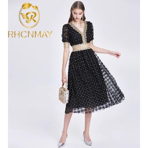 Elegant Patchwork Embroidery Dresses Female V Neck Puff Short Sleeve High Waist Hollow Out Dress Women Fashion Summer Lace Dress