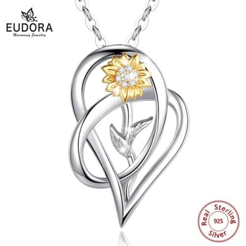 EUDORA 925 Sterling Silver Golden Sunflower Pendant heart Necklace for Women Fine CZ Jewelry for girl party Birthday Gift D570