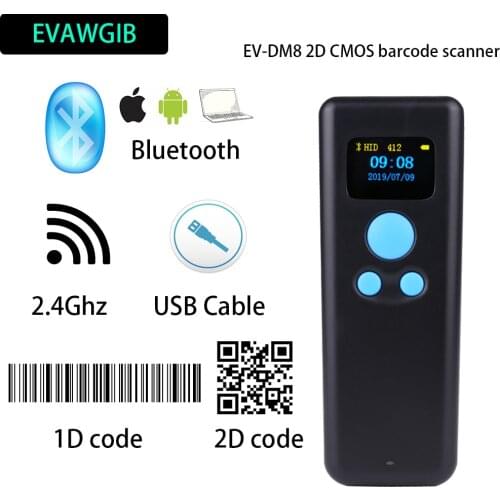 EVAWGIB EV-DM8 Wireless 2D Barcode Scanner Bluetooth 1D/2D Barcode Scanner 2.4Ghz QR Bar Code Reader PDF417 for IOS Android IPAD