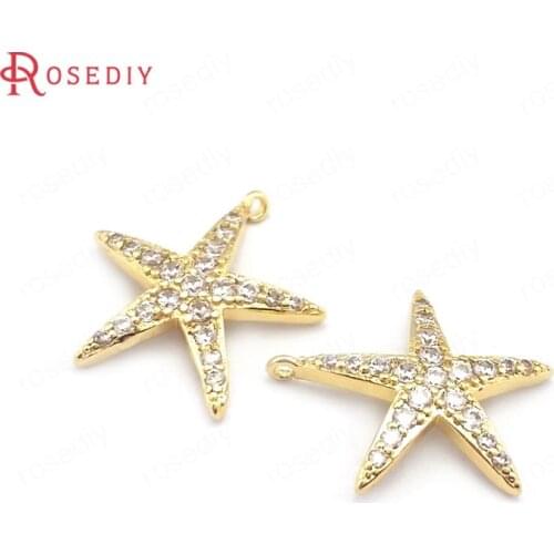 39632)4PCS 12x13MM 24K Gold Color Brass and Zircon Star Charms Pendants Jewelry Making Supplies Diy Findings Accessories