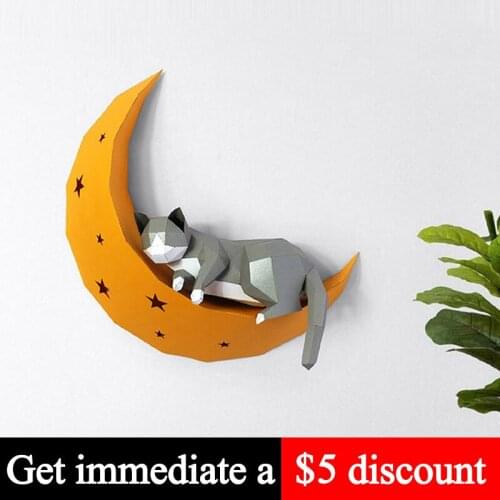 Pre-cut Cat Moon Star Animal Wall Decor Home Art Decoration Paper Model,3D Papercraft,Handmade DIY Adult Craft Toy RTY223