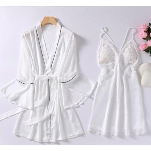 Summer Women Kimono Bathrobe Gown Sexy Hollow Out Lace White Wedding Robe Set Sleepwear Soft Thin Faux Silk Nightgown Home Wear