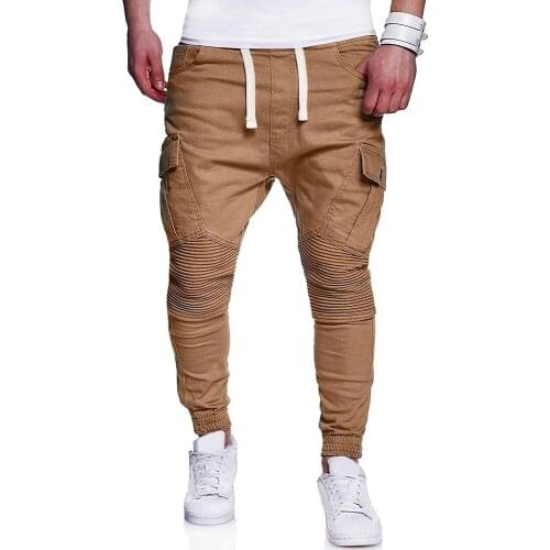 HOT 2019 Outdoor spring autumn sport knee fold design cotton multi pocket elastic waist harem pants men jogging running trousers