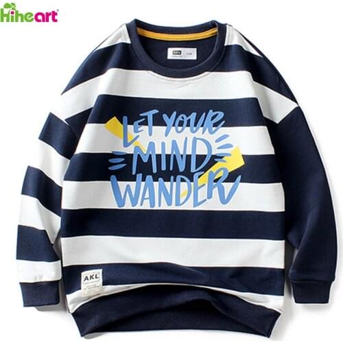 Hiheart Boys Color Block Cotton Sweatshirt Spring Autumn Striped Print Long Sleeve Top Round Neck Casual Clothing 4-12 Years