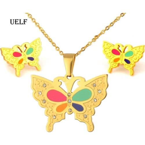 UELF Stainless Steel Jewelry Set Wedding Party Gold Color Butterfly Boys Girls Necklace Earrings Sets For Woman