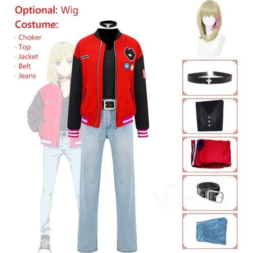 Rika Kawai Cosplay Costume Anime Wonder Egg Priority Rika Blond Wig Red Jacket Choker Pale Blue Jeans Halloween Party Outfit
