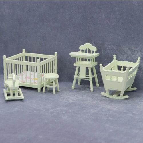 5Pcs 1:12 Scale Doll House Handmade White Wooden Bassinet Baby Doll Bedroom Furniture Scenery Children Doll Pretend Play Toy