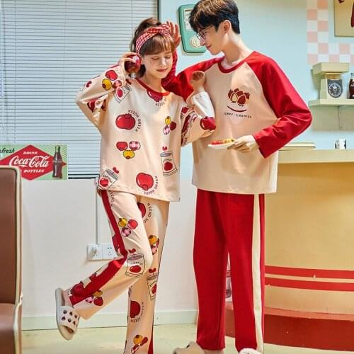Cute Cartoon Pajama Boy Girl Pullover Long Sleeve Trousers Casual Couples Lovers Jammies Round-Neck Nightwear Pyjamas 6535cotton