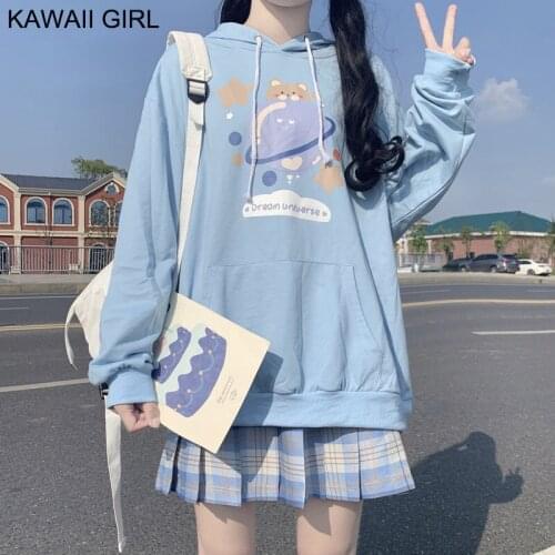 Kawaii Sweatshirt Pleated Skirt Set 2021 Autumn New Cartoon Print Cute Loose Student Hooded Sweatshirt Pullover Two-Piece Sets
