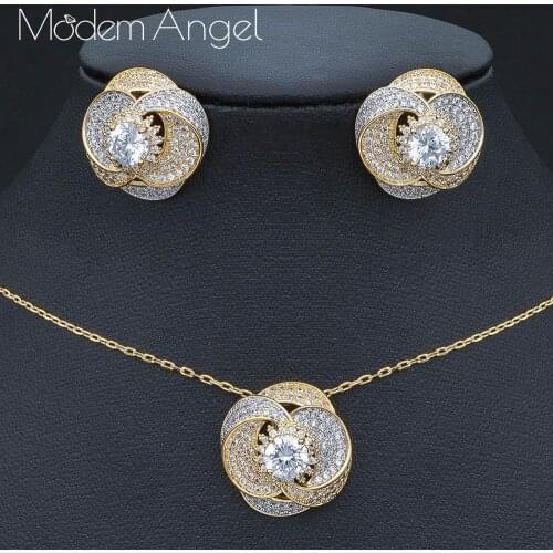 ModemAngel Luxury Flower Women Wedding Super Copper AAA Cubic Zirconia NECKLACE EARRINGS For Dubai Women High Quality Jewelry