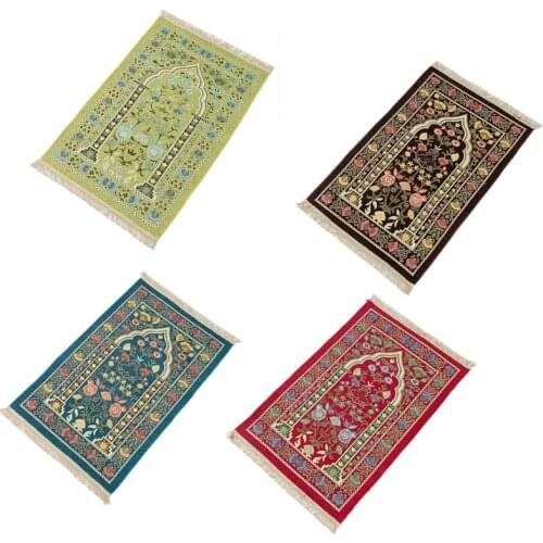 Null Portable Muslim Prayer Rug Thick Islamic Turkish Chenille Praying Mat Vintage Floral Leaves Pattern Woven Jacquard Tassel