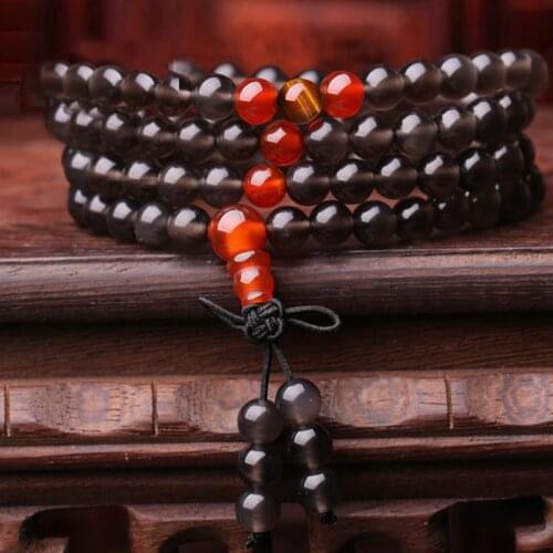 Natural 6mm Black Obsidian beaded Tibetan Buddhist 108 Prayer Beads Necklace Gourd mala Prayer Bracelet for Meditation