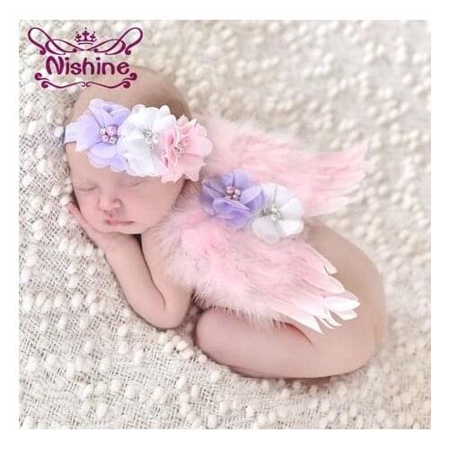 Nishine Cute Newborn Angel Feather Wings With Chiffon Flower Headband Set Photo Prop Girls Children Headwear Accessories