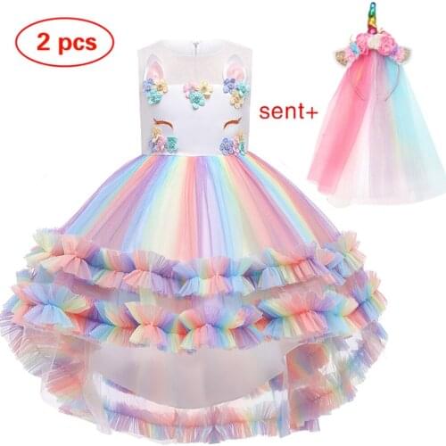 2021 New Flower Girl Unicorn Rainbow Wedding Party Dress Girl Birthday Party Unicorn Role Dance Performance Dress Baby Clothes
