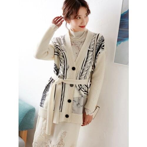 Printed silk splicing New wool cardigan womens winter loose knitted coat medium length sweater thickened
