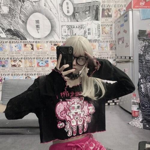 Pastel Goth Long Sleeve Harajuku Crop Top for Women Summer Short T Shirt Gothic Tshirt Croptop Japanese Graphic Clothes
