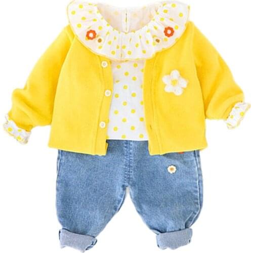 0-36 Months Toddler Baby Clothing Baby Girls Spring Autumn Casual Wear 3-Piece Set Kids Cute Polka Dot Top + Coat + Jeans