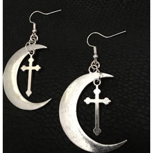 Crescent Earrings,Moon and Gothic Cross Earrings,Mysterious Bohemian Crystal Accessories,Jewelry Earrings