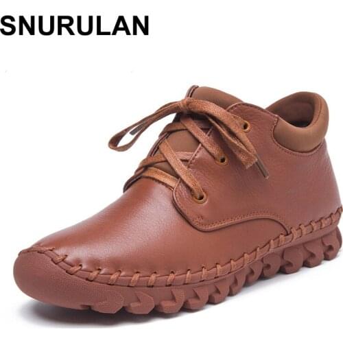 SNURULAN spring and autumn new fashion shoes woman lace-up handmade genuine leather boots female ankle boots womens winterboots