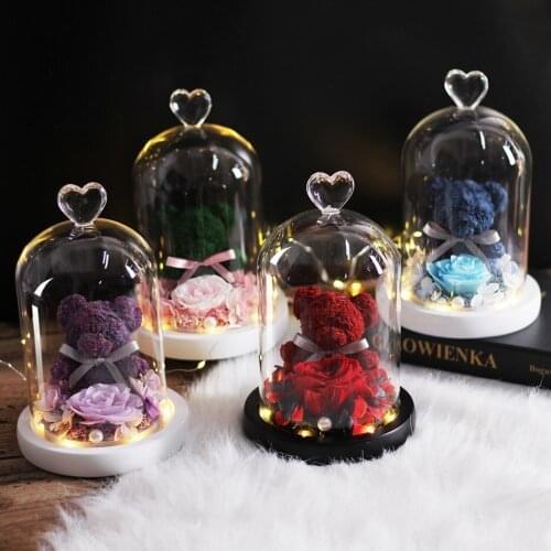 New Roses Bear Flowers decor LED In Glass Wedding Decoration Christmas mothers day Gift Box Dried party supplies