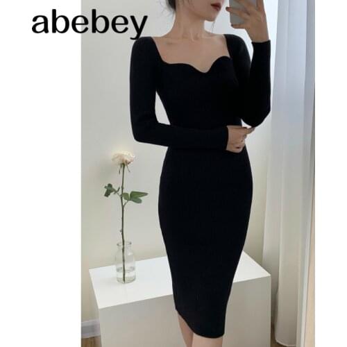 Knit Dress Women Sexy Low V-neck Tight Waist Bodycon Elastic Solid Dresses Female Autumn Winter Bottom Vestidos