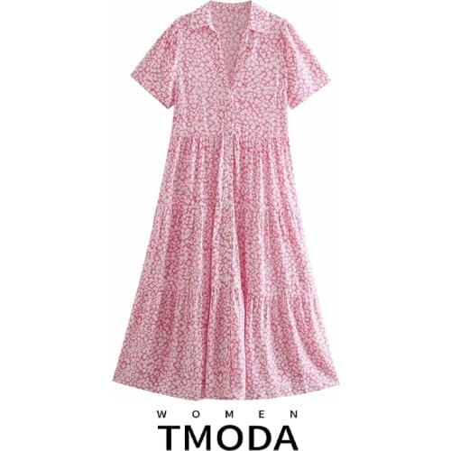 TTMODA1587 Za 2021 Pink Long Dress Women Floral Print Ruffle Summer Dresses Female Fashion Ruched Short Sleeve Casual Midi Dress
