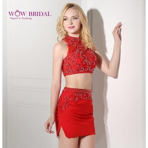 Wowbridal Red Homecoming Dresses 2021 Two PieceSweetheart Off the Shoulder Beaded Open Back Chiffon Tiered Ruffled Mini Skirt