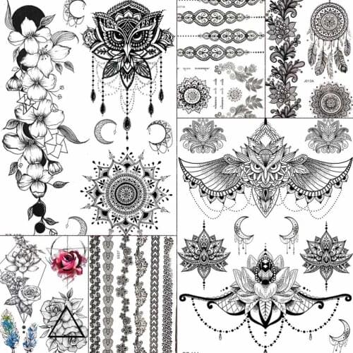 YURAN Fake Waterproof Tattoos Chains Mandala Henna Owl Fake Jewelrys Black Henna Temporary Tattoo Stickers Women Girls Tatoo Arm