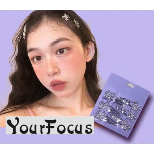 6pcs/set 90s vintage kawaii alloy rhinestone Butterfly hair clip disco BB folder