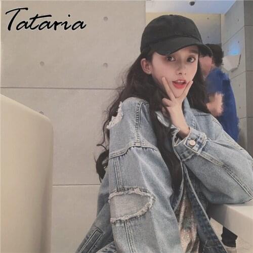 Women Denim Jacket Fashion causal loose Ripped Holes Jean Spring Streetwear short Stylish Patchwork BF Style Jeans Female Coat