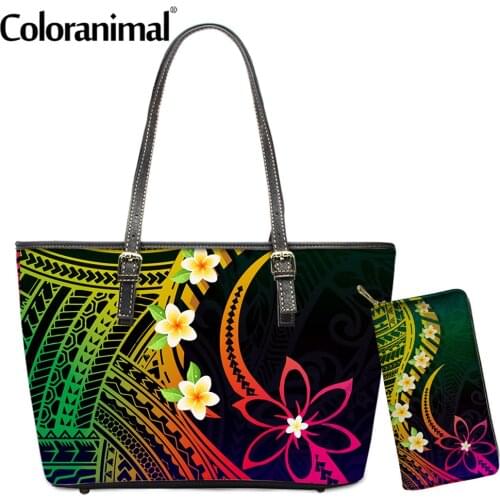 Coloranimal Fashion Gradient Color Polynesian Plumeria Flower Prints Handbag for Women 2Set Shoulder Bag and Purse Leather Bolsa