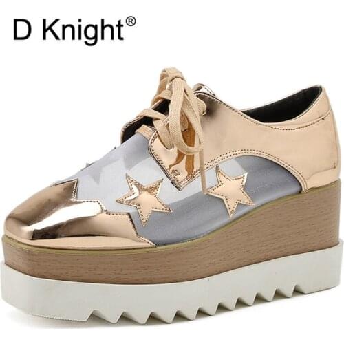 2021 Autumn Women Patent Leather Lace Stars Flat Platform Casual Shoes Fashion Lace Up Brogue Shoes Footwear Chaussures Femme