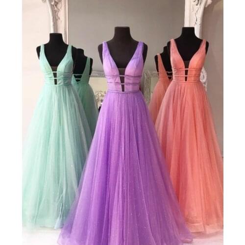 Sexy Long V-Neck Lilac Evening Dresses A-Line Open Back Tulle Watermelon Abendkleid Robes de Soirée for Women