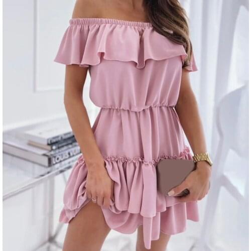 Summer Office Lady Slash Neck Slim A-Line Dress Mujer Elegant Cascading Ruffle Party Dress Women Sexy Off Shoulder Mini Dress