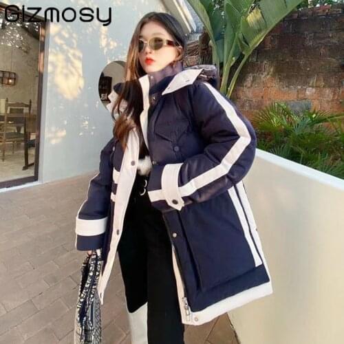 Gizmosy Hooded Winter Down Jacket Womens 2021 White Duck Down Coat Thick Warm Loose Plus Size Parkas Female Pocket Snow Outwear