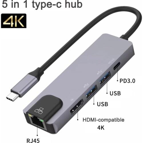 5 in 1 type-c hub usb hub RJ45 100M 4K USB2.0 HDMI-compatible PD3.0 charging port Connect keyboard mouse and U disk dock station