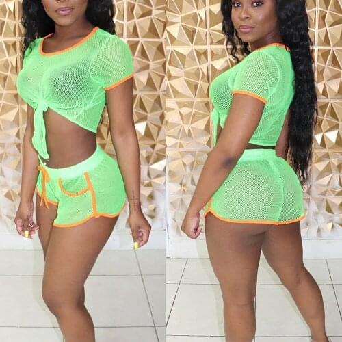 BKLD Neon 2 Piece Set Mesh See-through Sexy Two Piece Set Short Sleeve Tops And Shorts Women Summer Matching Sets Outfits 2019