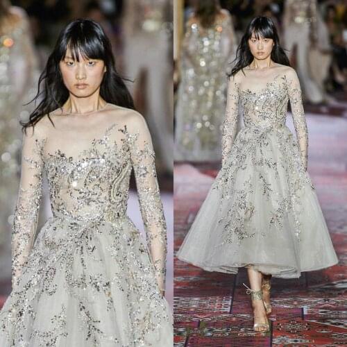 Blingbling Long Sleeve Prom Dresses Jewel Neck Lace Sequins A Line Formal Occasion Dress Custom Made Tea Length Evening Gowns