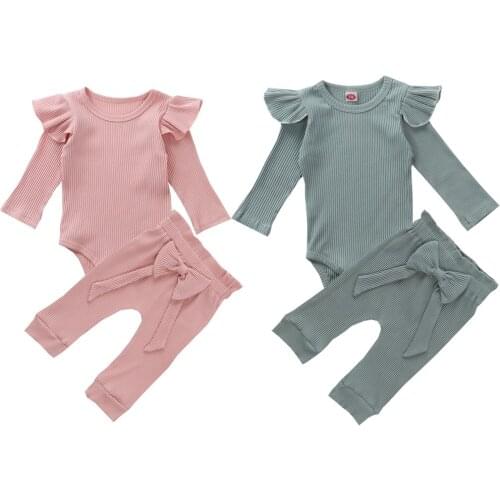 Citgeett Spring Autumn 0-24M Newborn Baby Girl Ruffle Knit Romper Jumpsuit Bow Pants Outfits Clothes 2PCS Set