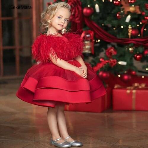 Baby Dress Little Princess Gown Feather Infant 1 Year Birthday Dress Christmas Party Dress Kids Clothes