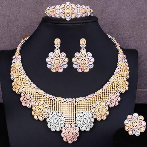 KellyBola Fashion Luxury Flowers Jewelry Sets For Women Wedding 4PCS African Indian Cubic Zirconia Dubai Bridal Jewelry
