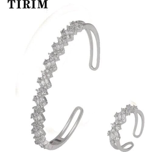 TIRIM Fashion Luxury Micro Paved Baguette Cubic Zircon Adjustable Cuff Bangle Ring Sets For Women Girl Party Wedding Jewelry