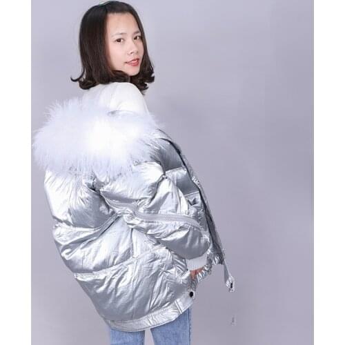 Lambswool collar wool white duck down jacket womens jacket winter thick coat warm coat loose black silver shiny surface